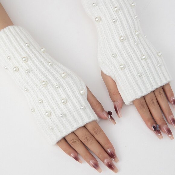 2/$30 Women's White Knitted Fingerless Gloves with Pearl Accents Winter Fall - Picture 5 of 5